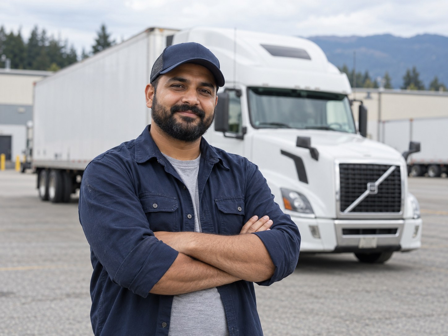 Illustrative portrait of a smiling truck driver in a navy cap, arms folded, with a white truck behind him