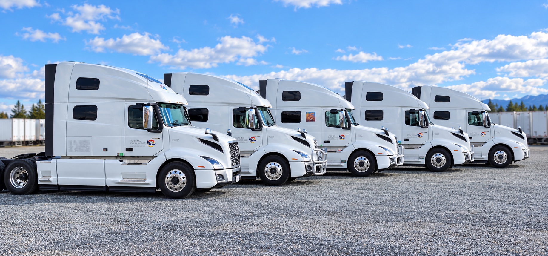 Wide Range Express white tractors lined up in the fleet yard