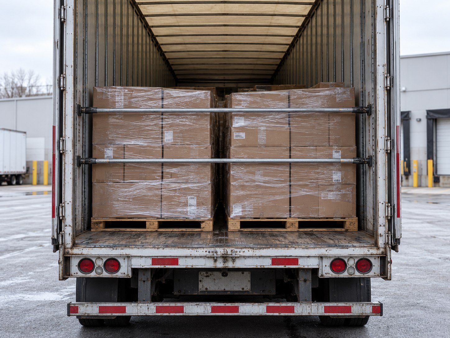 Illustration of a full trailer of neatly palletized freight ready for transport