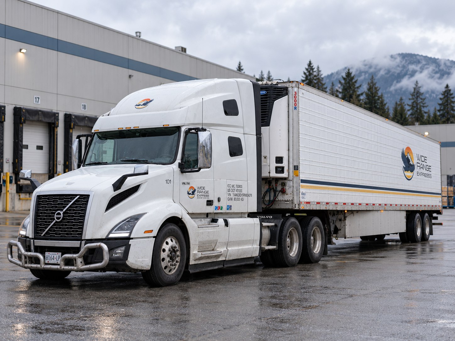 Illustration of a Wide Range Express tractor and refrigerated trailer at a distribution yard
